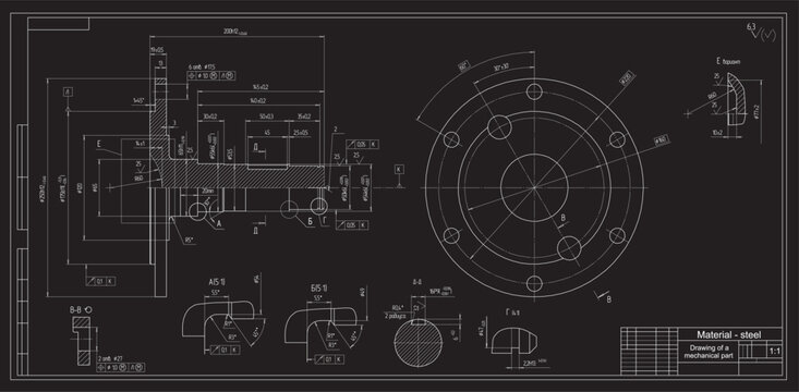 Vector drawing of a steel mechanical part with through holes.
Engineering CAD scheme. Steel shaft.