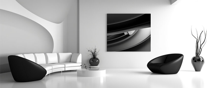 portrait of minimalist style living room interior on black and white background, generative ai