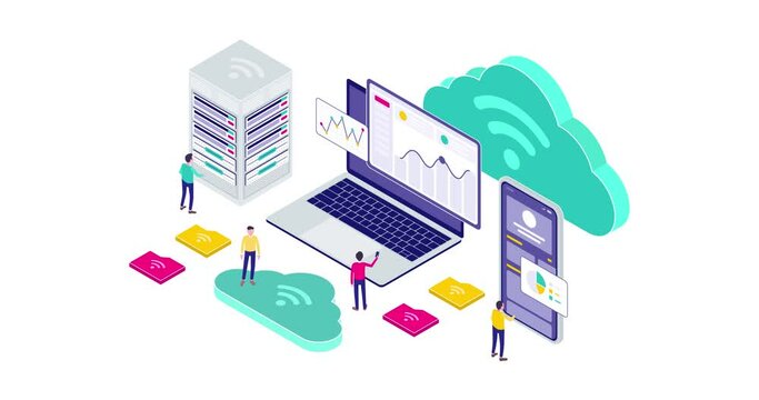 Isometric Cloud Technology Modern Motion Graphic Animation. Tiny People Using Laptop, Mobile App, and Maintenance Server to Manage Cloud Technology.