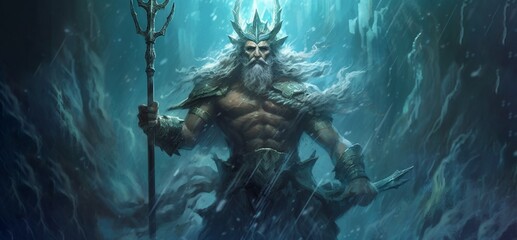 The concept of the symbolism of the planets in Astrology. Old man with a staff in the sea waves as the king of the underwater kingdom, a symbol of the planet Neptune