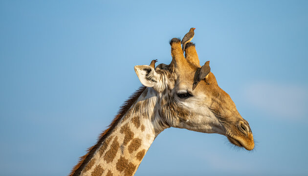 A giraffe with three oxpeckers on its head