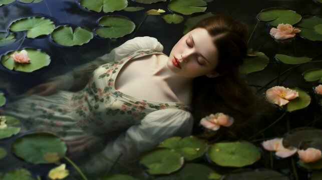 A beautiful young girl in a white dress poses as she drowned in a river with water lilies. Fairy tale about Ophelia, generated by AI