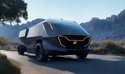 Fototapeta na wymiar Futuristic Concept Self-Driving Truck. Day Urban Driveway, Ai generated