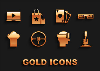 Set Steering wheel, 3D cinema glasses, Shovel the ground, Virtual reality, Chef hat, Playing card with heart symbol, Online play video and Paper shopping bag icon. Vector