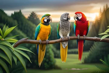 Fotobehang pairs of parrot on beach generative by AI tool © Aqsa