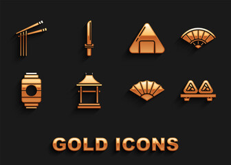 Set Japan Gate, Paper chinese or japanese folding fan, Sushi on cutting board, Japanese paper lantern, Asian noodles and chopsticks and katana icon. Vector
