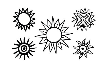 Mystic Sun Vector Illustration Set. Celestial Hand Drawn Symbol for poster, print, pattern and logo. Tribal Sun Collection Isolated on White Background. Stylized Occult and Esoteric Bohemian Shape.