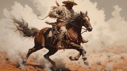 a horizontal layout, of a Cowboy, Cowgirl on a galloping horse in a Fredrick Remington-style composition in a Western-themed JPG format. Generative AI