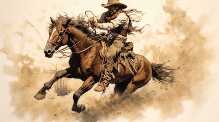 Naklejka premium a horizontal layout, of a Cowboy, Cowgirl on a galloping horse in a Fredrick Remington-style composition in a Western-themed JPG format. Generative AI