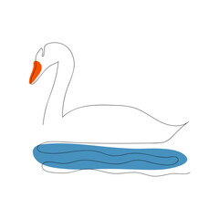 Mute swan (Cygnus olor) on water continuous one line vector drawing. Bird hand drawn modern simple single lineart style. Sketch. Illustration isolated on white background.