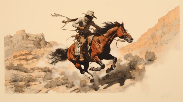 a horizontal layout, of a Cowboy, Cowgirl on a galloping horse in a Fredrick Remington-style composition in a Western-themed JPG format. Generative AI