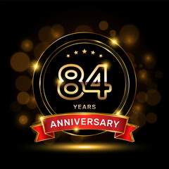 84 year anniversary logo with a gold emblem shape and red ribbon, logo template vector