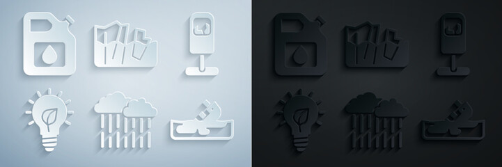 Set Cloud with rain, Trash can, Light bulb leaf, Wrecked oil tanker ship, Glacier melting and Canister for gasoline icon. Vector