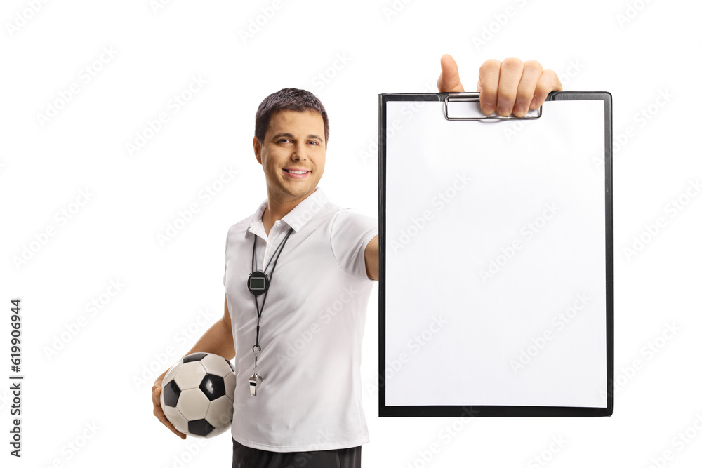 Sticker Football coach holding a ball and a clipboard