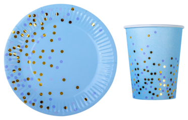 Empty blue paper cup and plate transparent png
