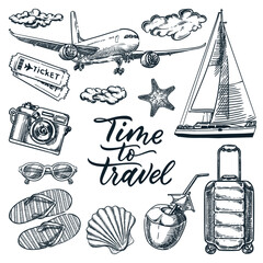 Time to travel calligraphy lettering and summer vacation design elements set. Vector doodle sketch illustration - 619907123