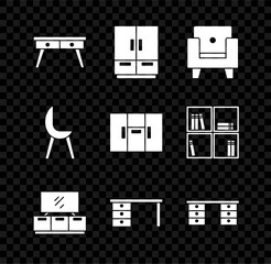 Set Office desk, Wardrobe, Armchair, TV table stand, and icon. Vector