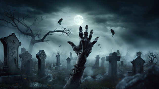 Eerie Night Awakening Zombie Hand Emerging from the Graveyard. created with Generative AI