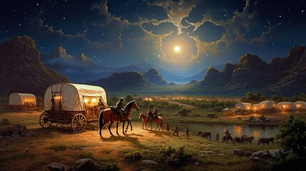 a horizontal of a Cowboys, Cowgirls celebrating under a western sunset, starry sky in a Western-themed JPG format. Generative AI - obrazy, fototapety, plakaty