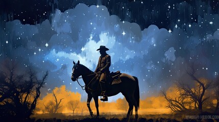 a horizontal layout, Cowboys and Cowgirls at sunset and under a starry sky a Western-themed in a JPG format. Generative AI
