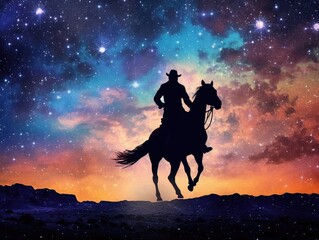 a horizontal layout, Cowboys and Cowgirls at sunset and under a starry sky a Western-themed in a JPG format. Generative AI