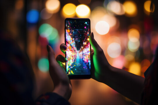 Smartphone in hands. Woman taking pictures of colorful street view at night. Focus on phone, defocused blurred background.