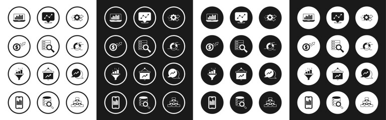 Set Time management, Server, Financial growth dollar, Laptop with graph chart, Pie infographic, Graph, and Sales funnel icon. Vector