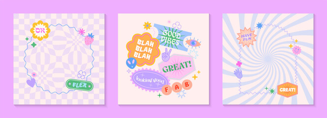 Vector templates with patches and stickers in 90s style.Modern emblems in y2k aesthetic chess and spiral backgrounds.Trendy funky designs for banners,social media marketing,branding,packaging,covers