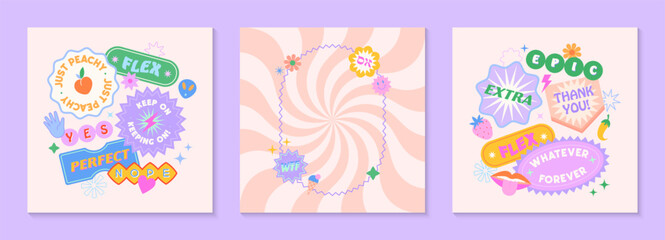 Vector templates with patches and stickers in 90s style.Modern emblems in y2k aesthetic with spiral background.Trendy funky designs for banners,social media marketing,branding,packaging,covers
