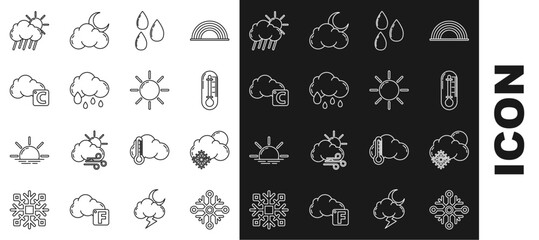 Fototapeta na wymiar Set line Snowflake, Cloud with snow and sun, Thermometer, Water drop, rain, Celsius cloud, and Sun icon. Vector
