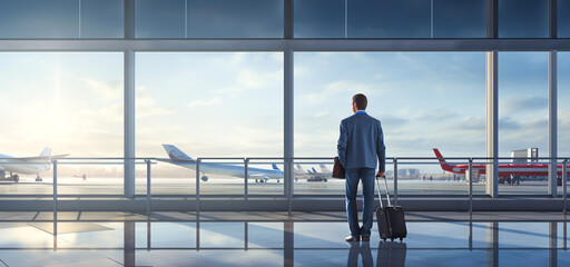 Fototapeta premium Businessman standing in the airport with travel luggage waiting for the flight at the airport terminal, Rear View. Generative AI.
