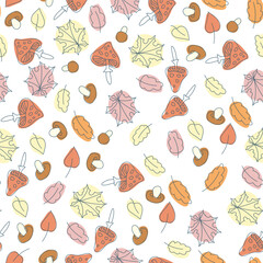 Seamless pattern of mushrooms and autumn leaves. Toadstools Autumn. Vegetable print. A pattern of simple elements. Vector illustration.