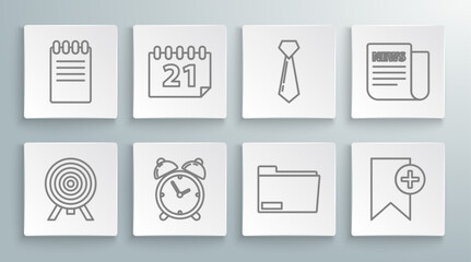 Set line Target, Calendar, Alarm clock, Document folder, Bookmark, Tie, News and Notebook icon. Vector