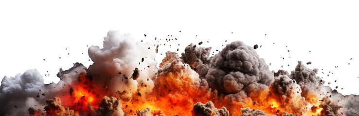 A powerful explosion with flying fragments and black smoke. Transparent horizontal background. Generative Ai - obrazy, fototapety, plakaty