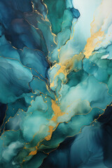 Abstract vertical background, sea, blue watercolor and gold paint. AI generative