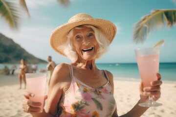 elderly woman in a hat with gray hair, 70-80 years old, holding a glass with a pink cocktail on the background of the ocean, ai generated