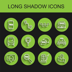 Set line Map pointer with taxi, Magnifying glass and car, Taxi call telephone service, Petrol or Gas station, Folded map location marker, and icon. Vector