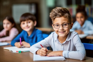 Fototapeta na wymiar Caucasian boy taking notes at his desk during school class, posing, smiling and looking at camera. Multi ethnic classmates in the background