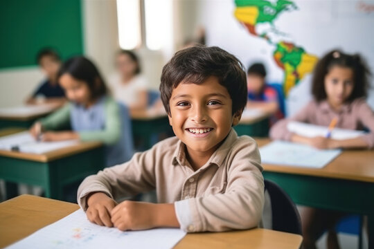 Smiling indian schoolboy sitting at desk in elementary school classroom posing and looking at camera. Multi ethnic classmates in the background