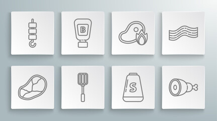 Set line Steak meat, Sauce bottle, Spatula, Salt, Chicken leg, Grilled steak and fire flame, Bacon stripe and shish kebab skewer stick icon. Vector