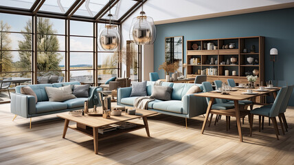 modern living room with blue sofas and light wood furniture with large windows in nature.ai generative illustration