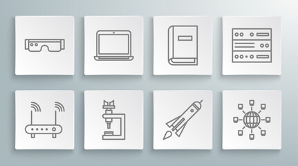 Set line Router and wi-fi signal, Laptop, Microscope, Rocket ship with fire, Social network, User manual, Server, Data, Web Hosting and Smart glasses icon. Vector