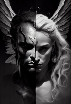 The opposition of the angel and the devil in the human form of a man and a woman. AI Generated