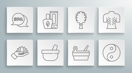 Set line Lotus flower, Ointment cream tube, Mortar and pestle, Sauna bucket ladle, Yin Yang, broom, Massage and Spa salon icon. Vector © Oksana