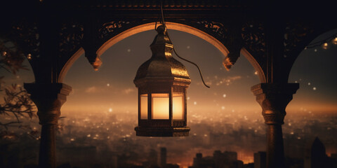 Lantern with night light background for the muslim feast of the holy month of ramadan kareem