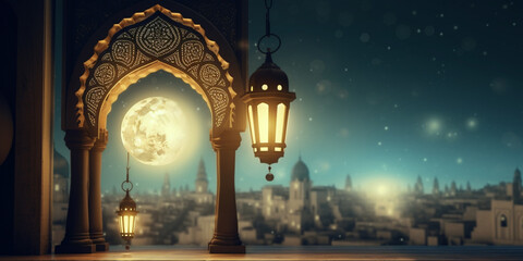 Lantern with night light background for the muslim feast of the holy month of ramadan kareem