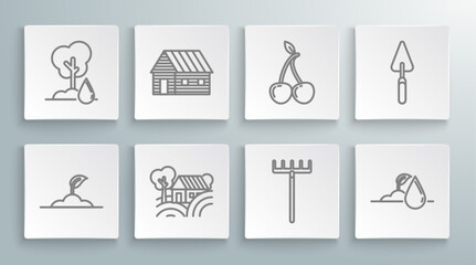 Set line Sprout, Farm house, House concept, Garden rake, Watering sprout, Cherry, trowel spade or shovel and Tree icon. Vector