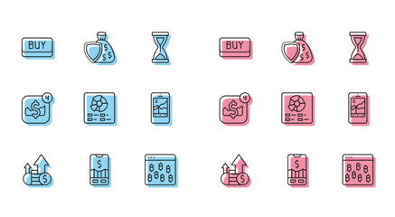 Set line Financial growth and coin, Mobile stock trading, Buy button, Bitcoin browser, Pie chart infographic, and Shield money bag icon. Vector