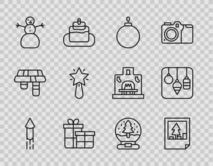 Set line Firework rocket, Christmas postcard, ball, Gift box, snowman, star, globe and lights icon. Vector