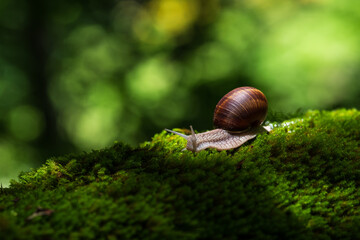 Snail crawling on the green moss in the forest. Shallow depth of field.